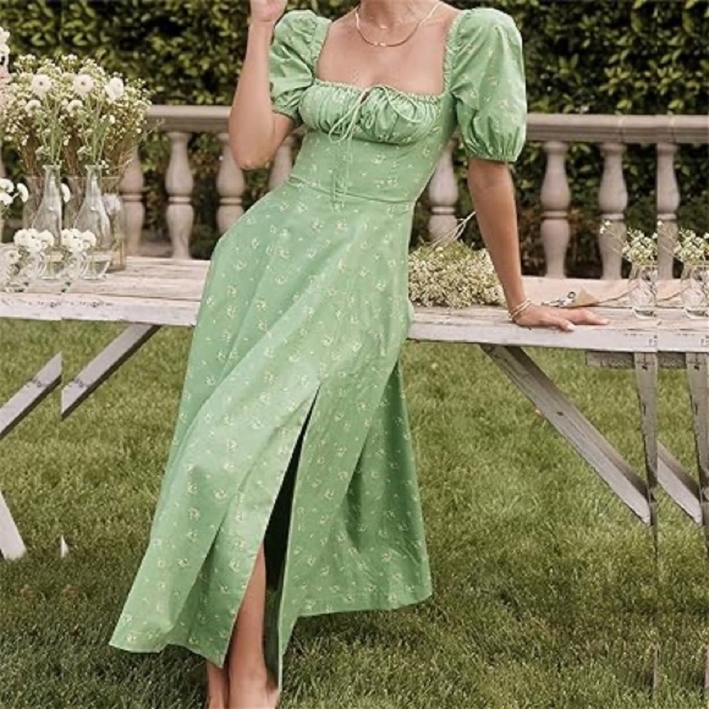 HOUSE OF CB | Talullah Olive Floral Puff Sleeve Midi Dress